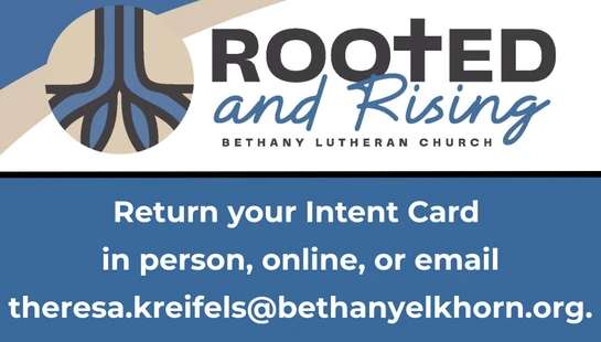 Graphic for Bethany Lutheran Church's 'Rooted and Rising' campaign, with instructions on how to return an Intent Card in person, online, or via email.